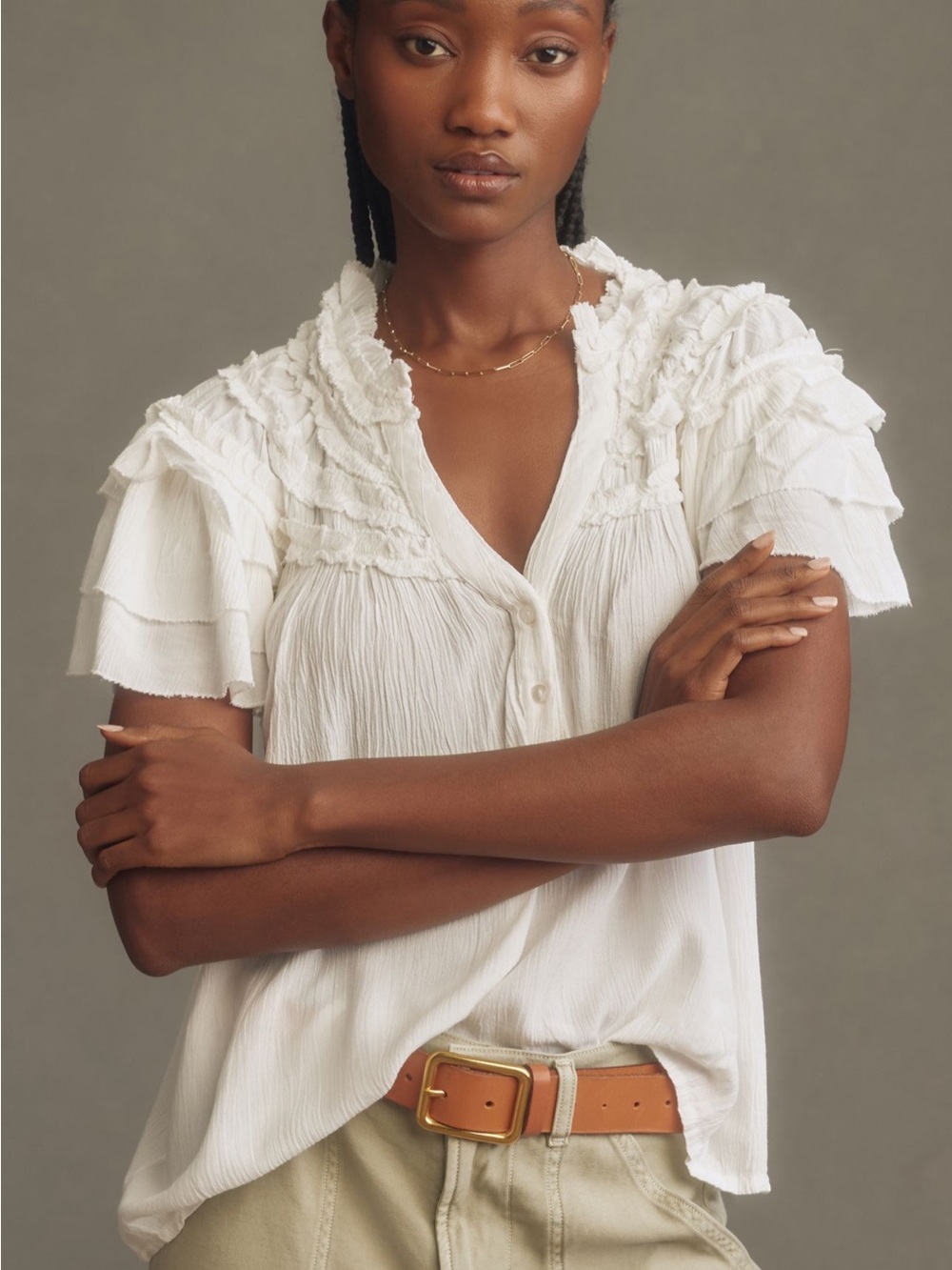 Anthropologie Maeve Short Sleeve Ruffle Yoke Blouse White